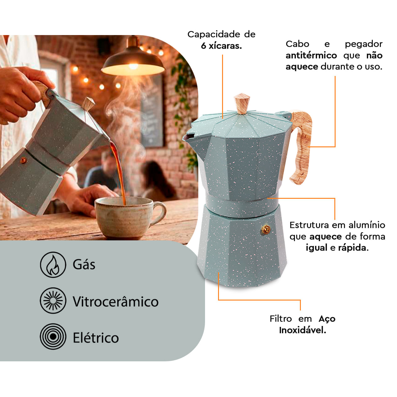 Cafeteira Italiana 6 Xícaras Alumínio Cor Verde Linha Verona Brinox - Imagem 4